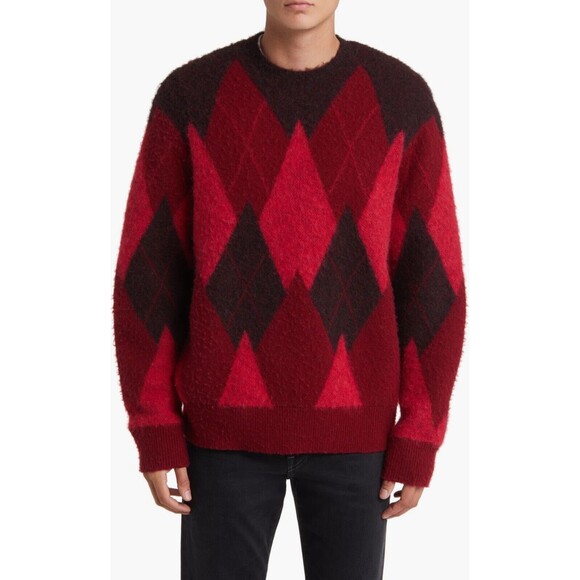 AllSaints Harley Oversize Red Argyle Wool Blend Crewneck Sweater